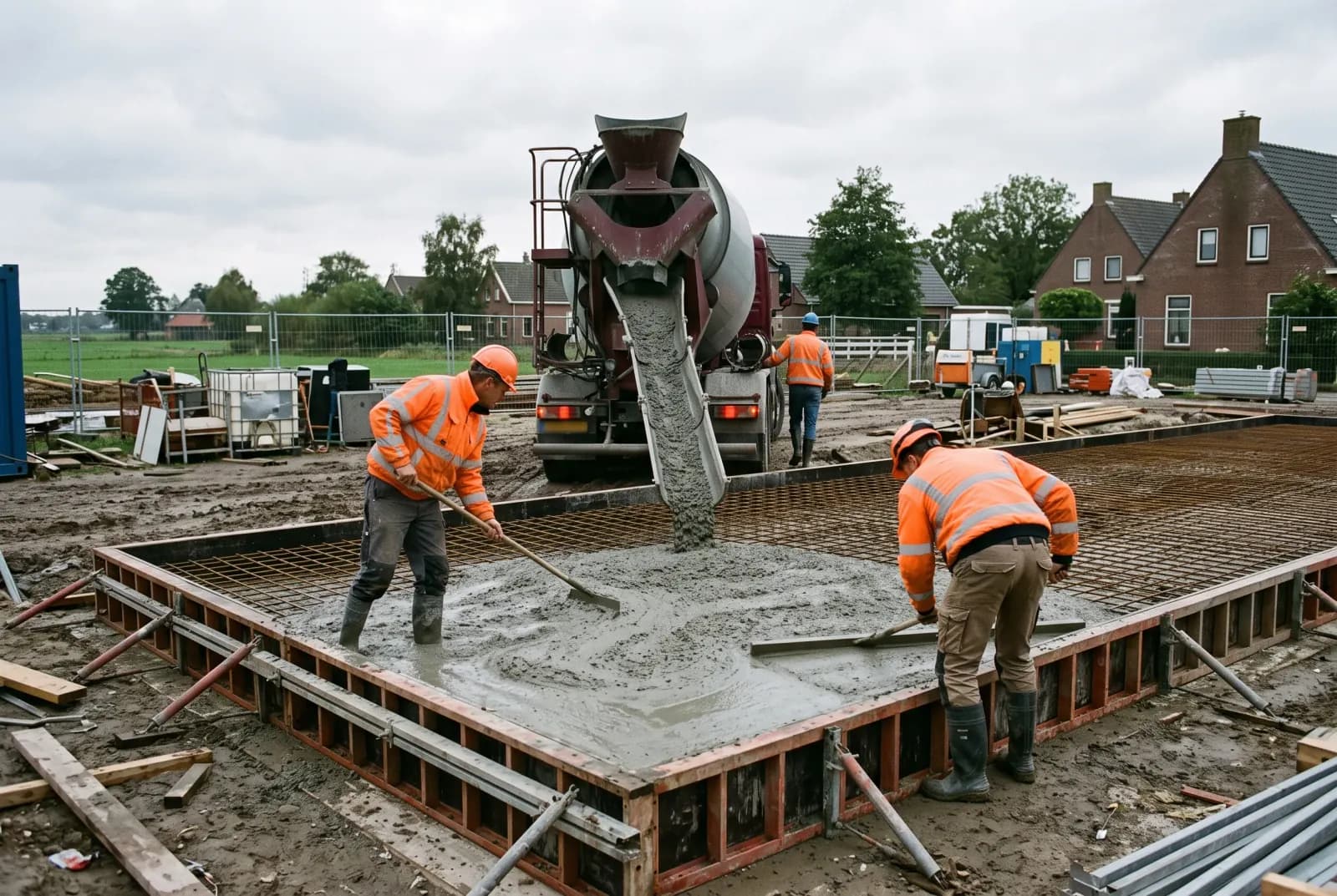 Beton wordt op locatie gestort en verwerkt