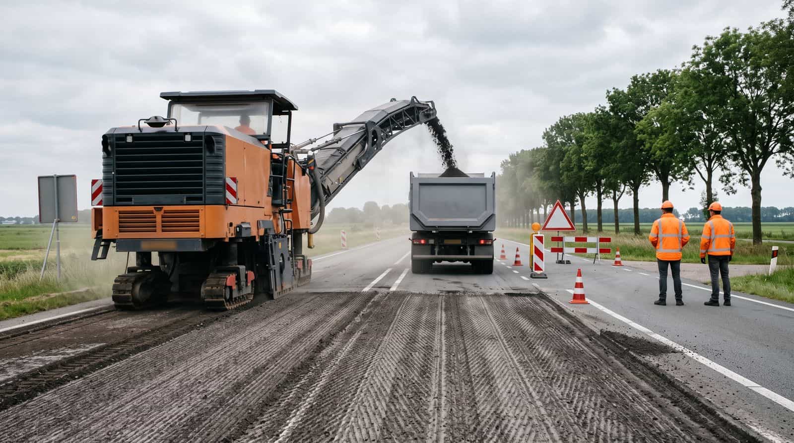 Milling machine removes the old surface course during major asphalt maintenance on a closed provincial road