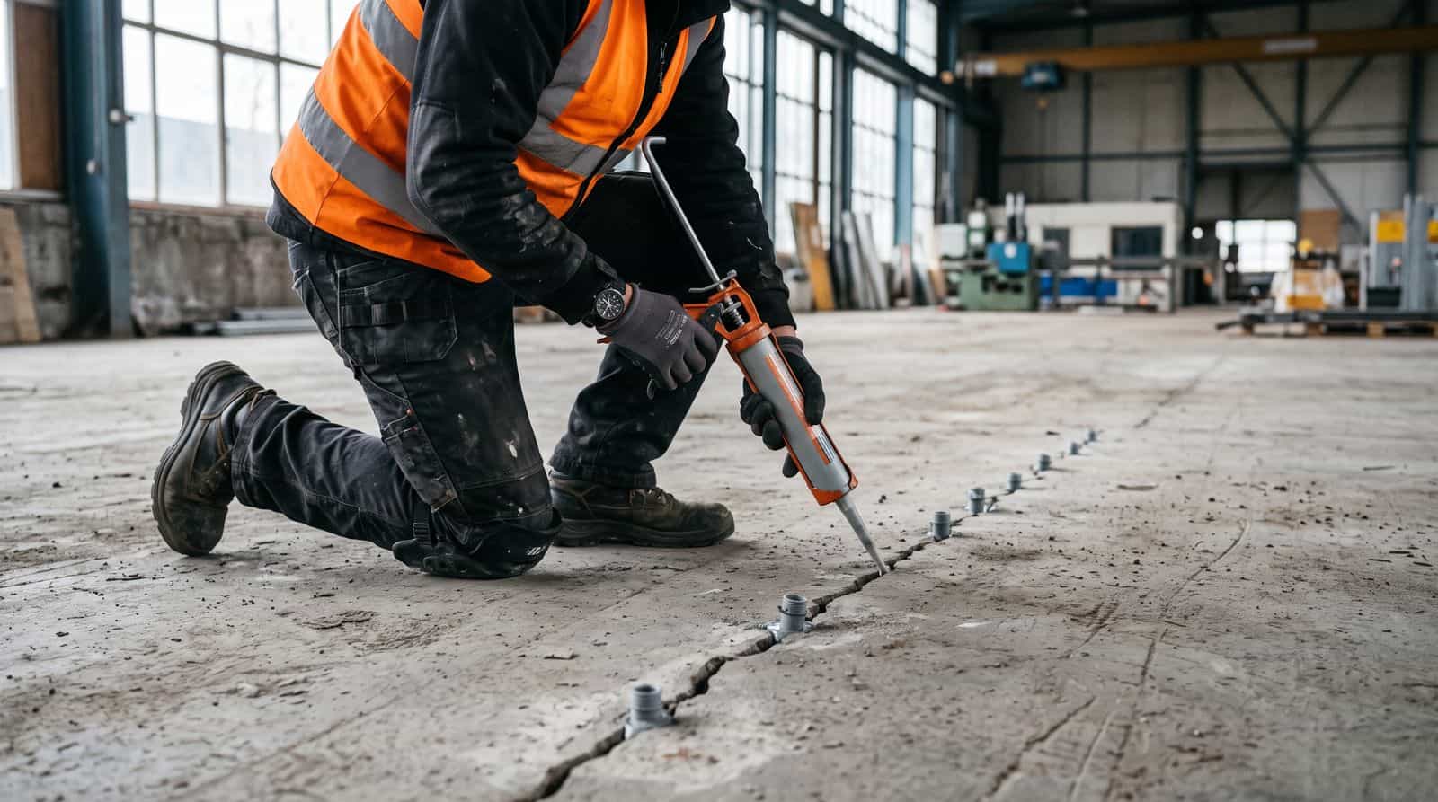 Concrete repair: tradesman injecting epoxy resin into a crack in a concrete floor with an injection gun