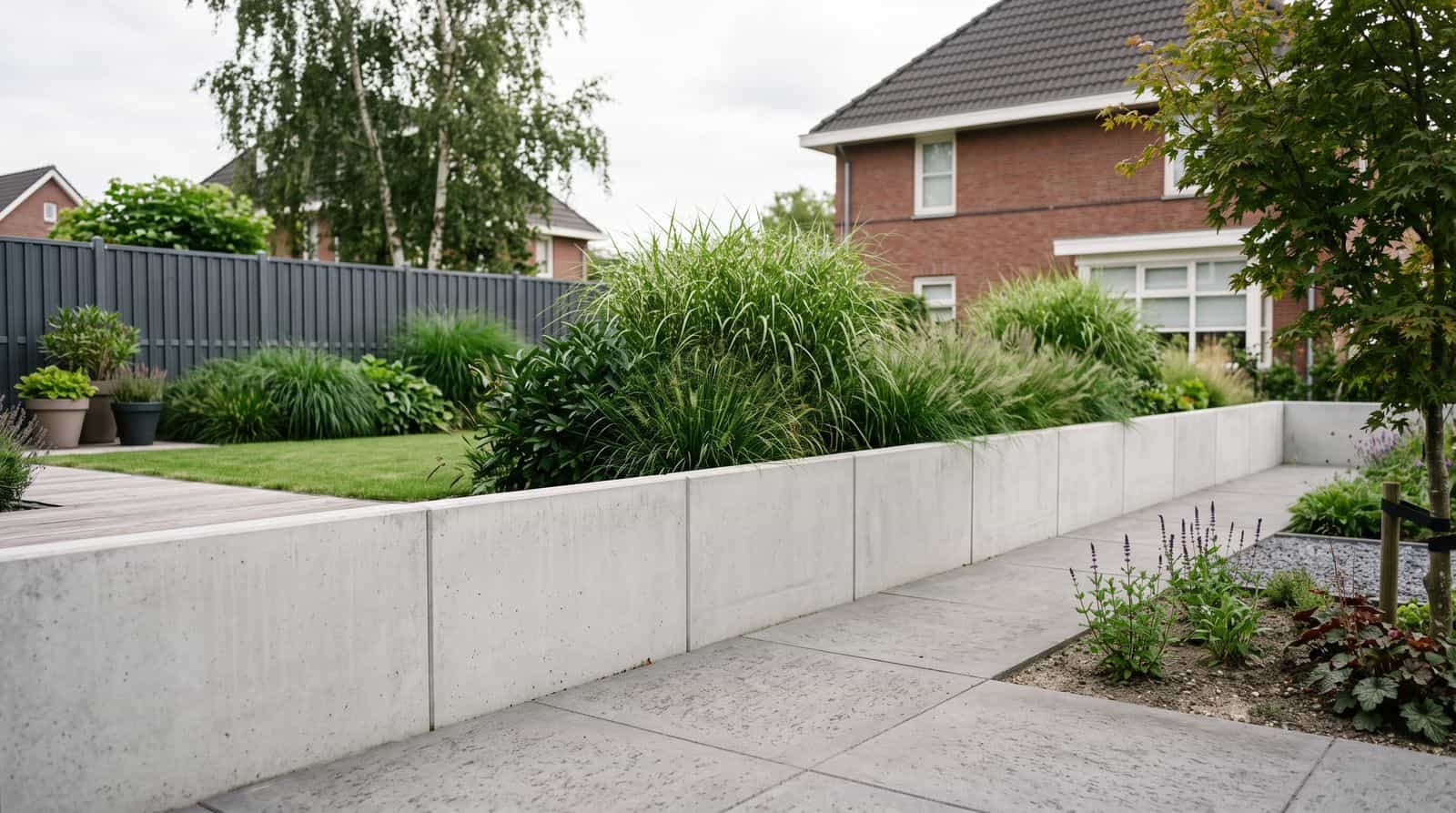 Precast concrete L-shaped retaining walls holding back a change in level in a neatly landscaped garden