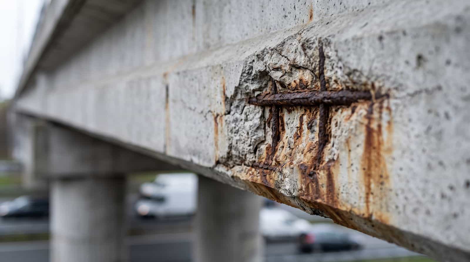 Concrete spalling on a concrete viaduct: crumbled concrete with rusting reinforcement bars, examined by an inspector wearing a helmet