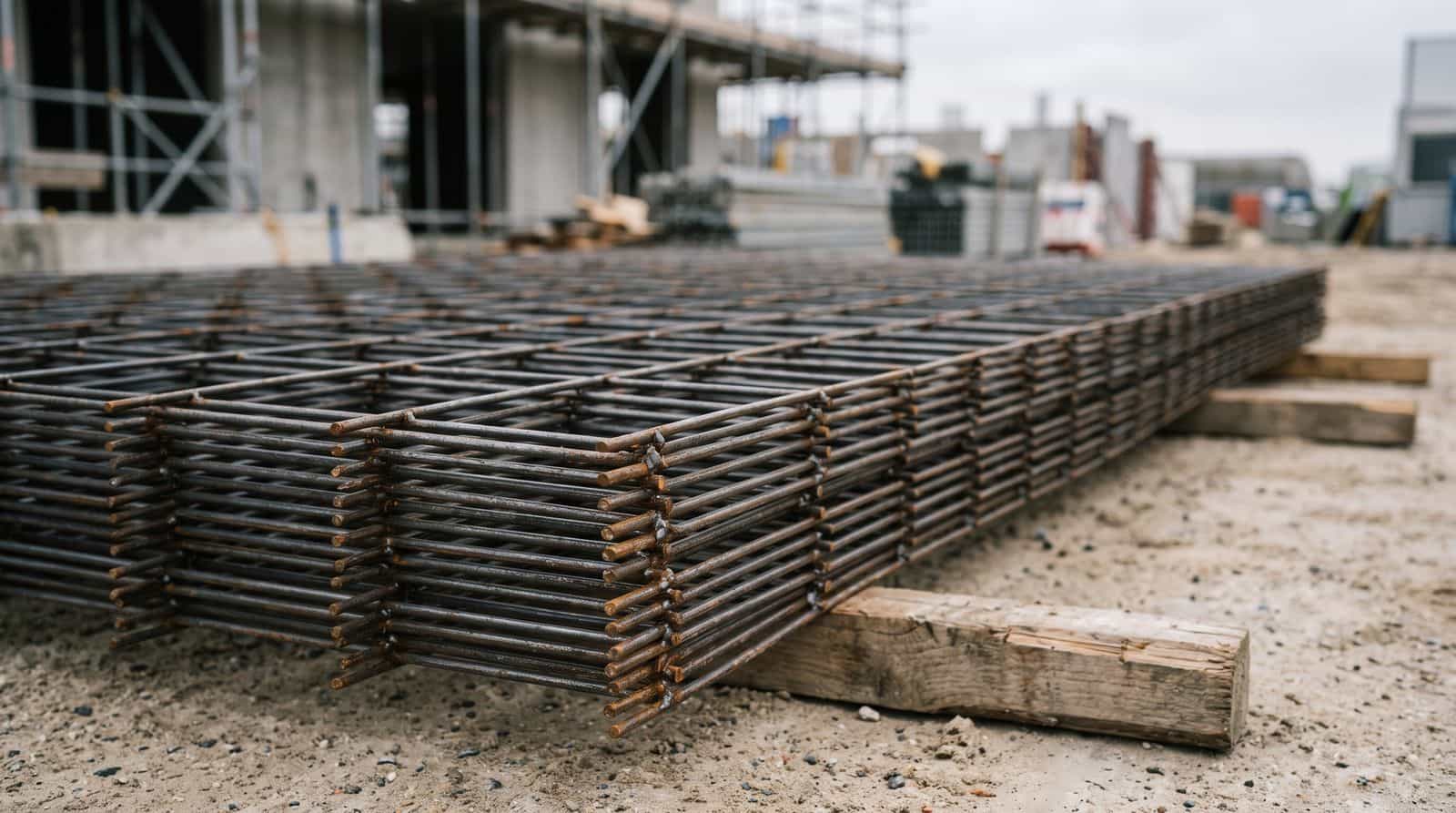 Stack of reinforcement mesh sheets on a construction site with a close-up of wire gauge and mesh opening