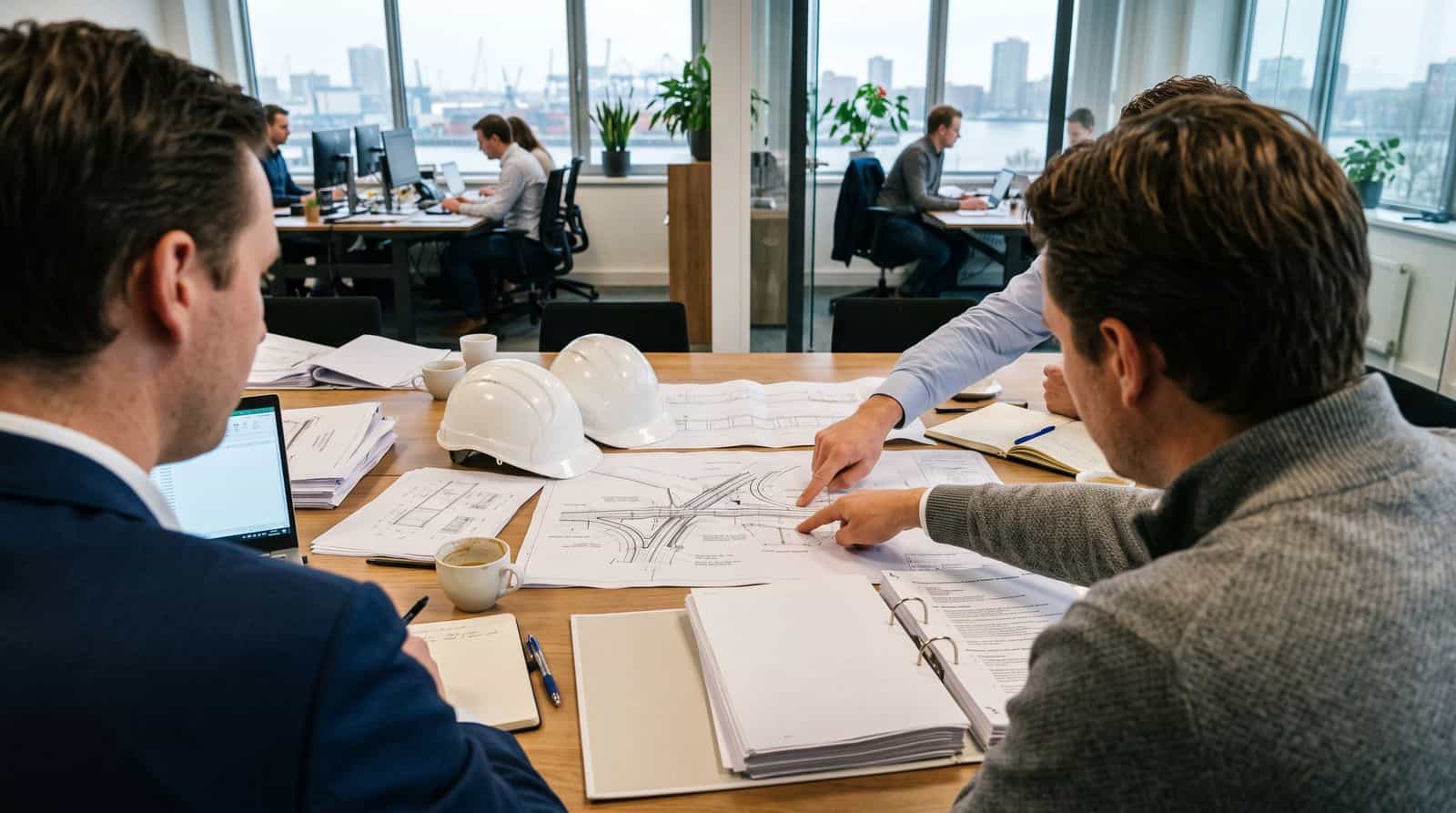 Discussion of an EMVI tender at a meeting table with construction drawings, tender documents and a hard hat