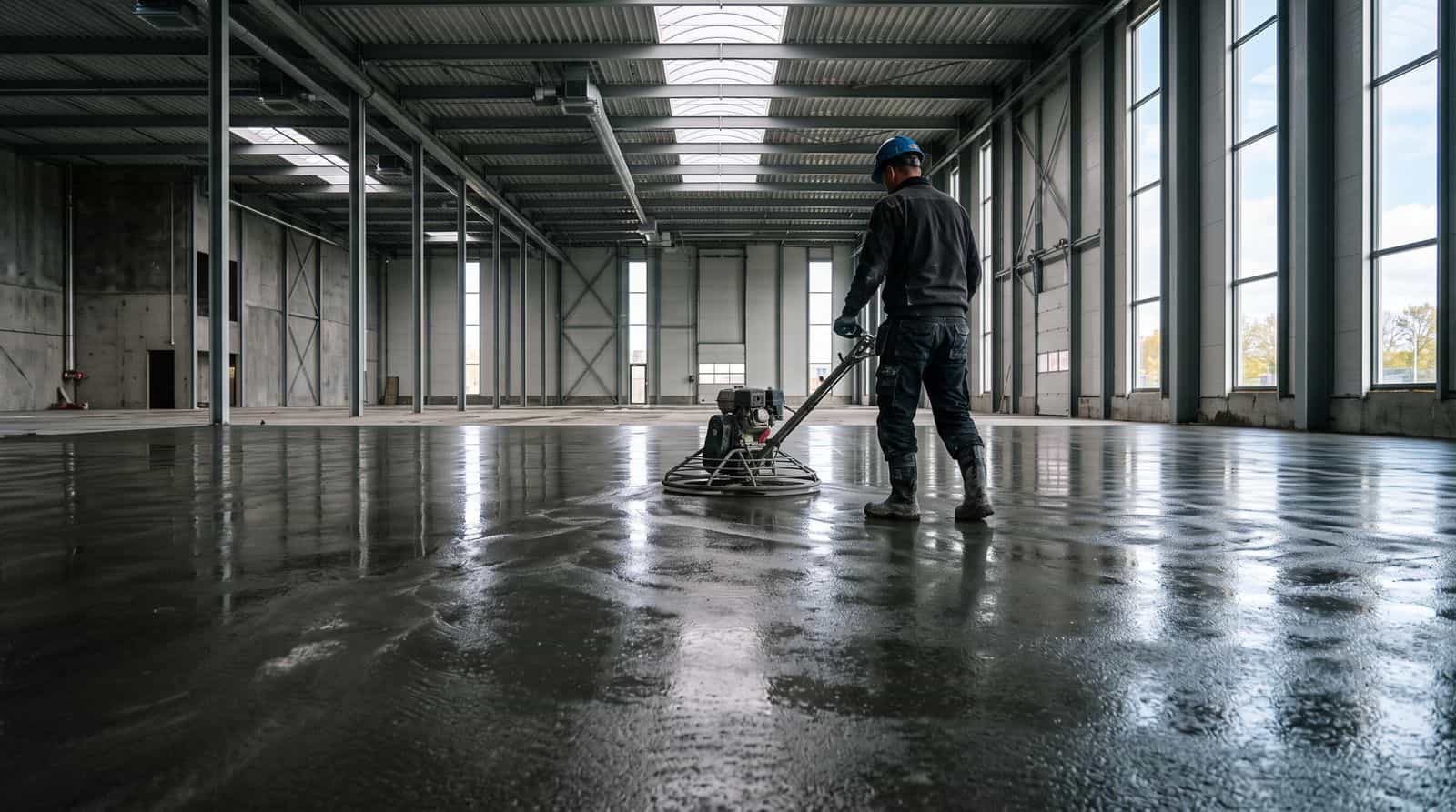 Tradesman machine-finishing a fresh power-floated concrete floor with a power float in an industrial hall