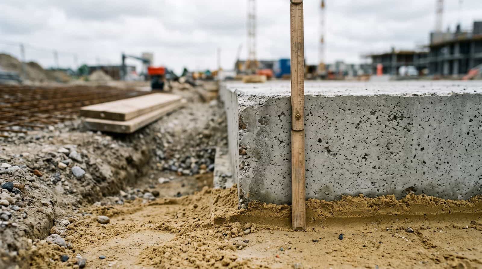 Cross-section of a concrete floor on a sand bed with a measuring rod showing the thickness of the concrete floor, with polythene sheeting and insulation