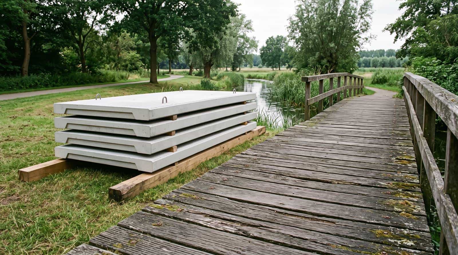 Worn timber bridge deck of a cycle bridge in a park, with new precast concrete deck units ready for installation