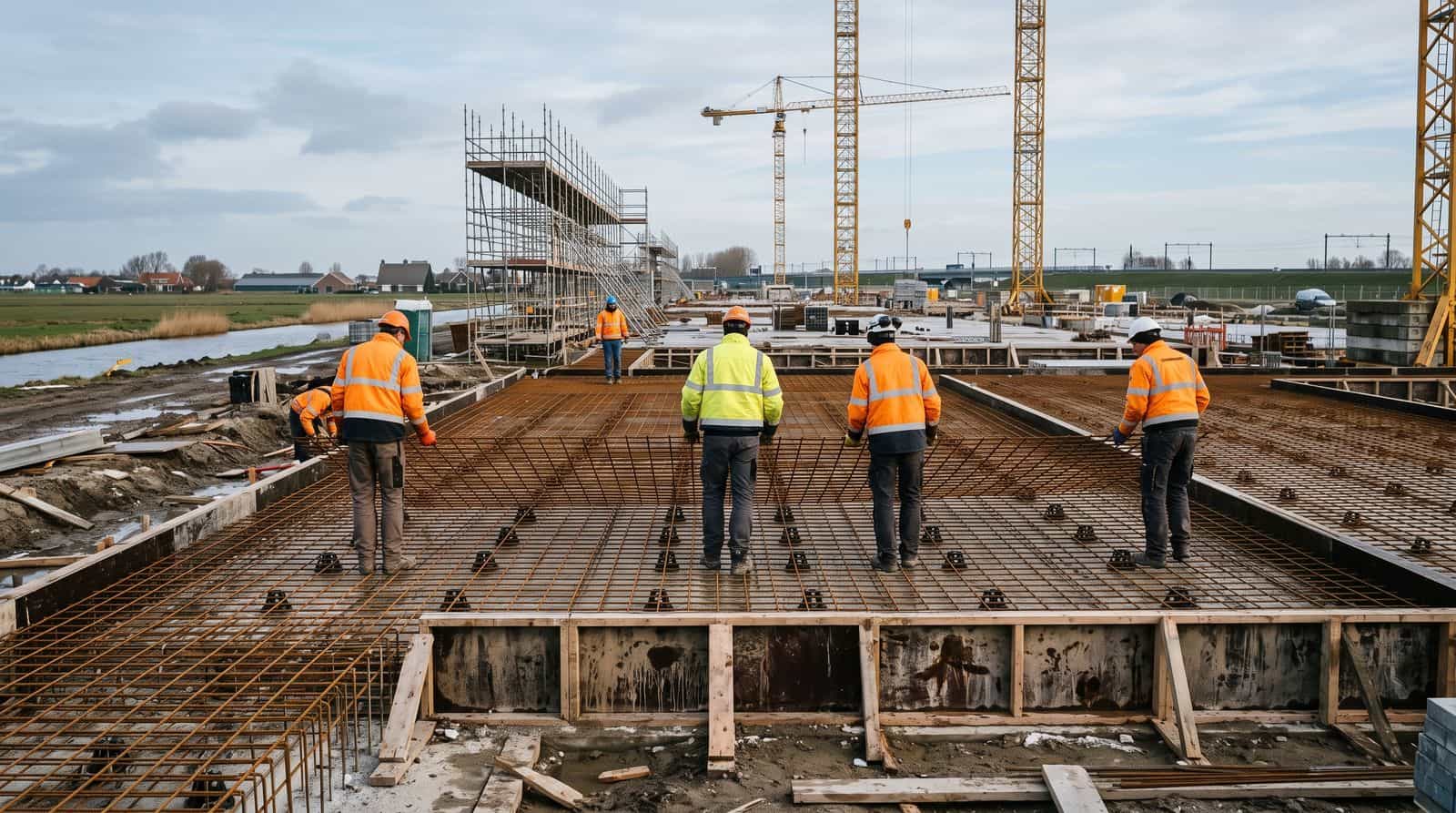 Bauarbeiter verlegen Bewehrungsmatten auf Abstandhaltern in einer Bodenschalung, die halb mit Frischbeton gefüllt ist