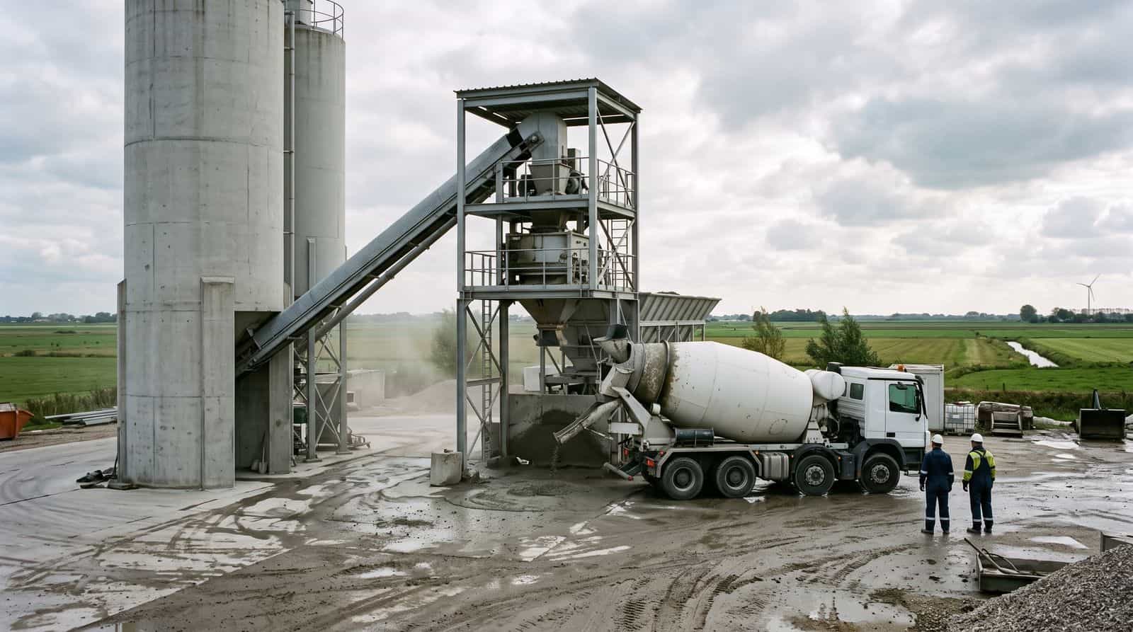 Dutch concrete batching plant with silos and mixing installation while a truck mixer is loaded with fibre-reinforced ready-mix concrete