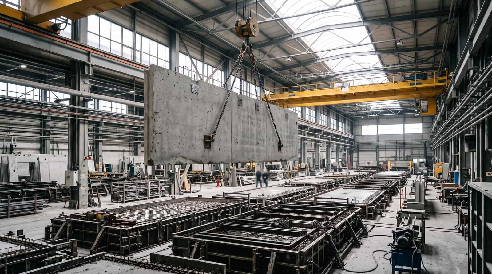 Precast concrete elements in a factory hall: wall panels on lifting chains above steel moulds