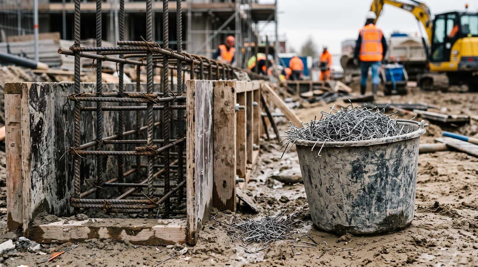 Traditional concrete reinforcement of tied reinforcing steel in formwork next to a bucket of synthetic macro fibres on a Dutch construction site
