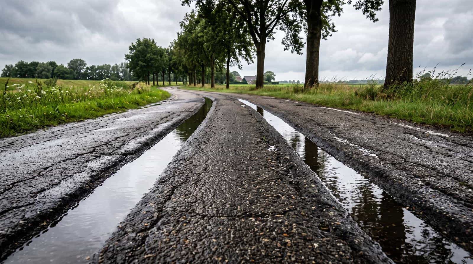 Rutting in an asphalt road: rainwater sitting in the worn wheel tracks