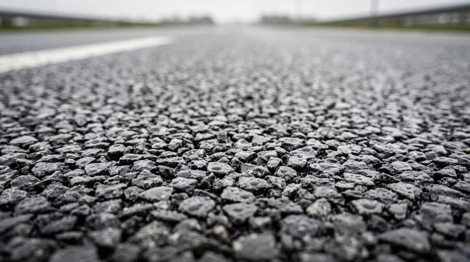 Close-up of the open stone structure of a ZOAB porous asphalt motorway surface, with rainwater draining away between the aggregate