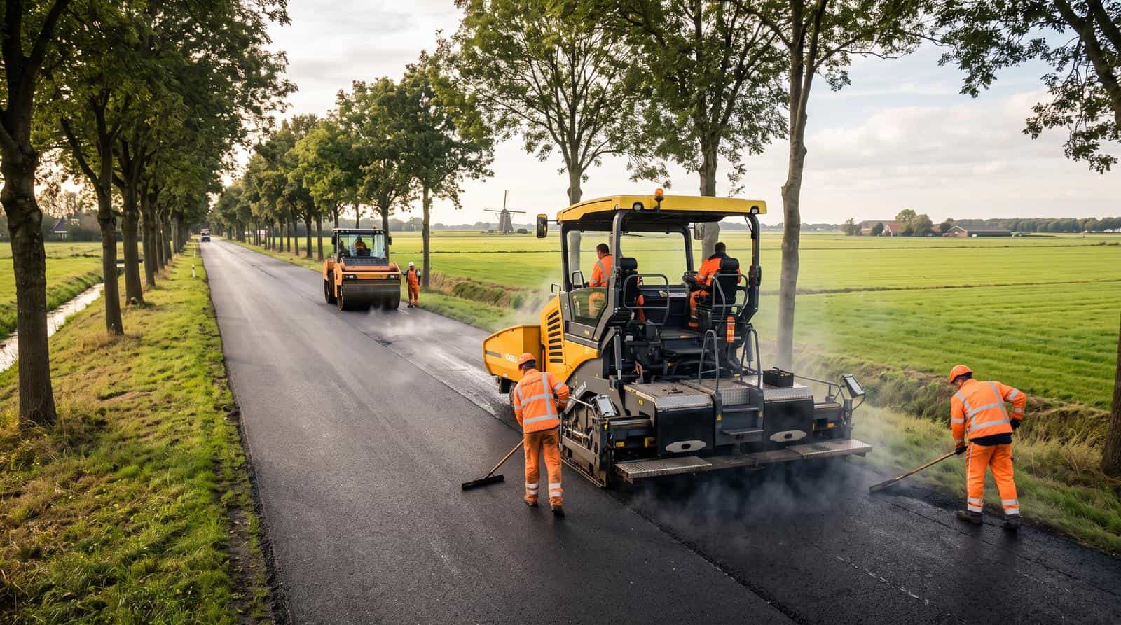 Asphalt crew laying a new surface course on a provincial road with a paver — asphalt price per m2 in practice