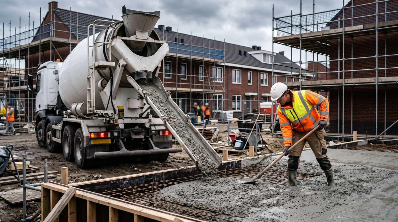 Concrete truck discharging ready-mixed concrete via a chute on a construction site while a worker spreads the concrete — concrete price per m³ in practice