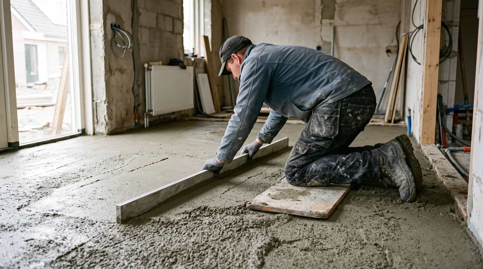 Screed layer levelling a fresh sand cement screed with a long straightedge in a house under construction