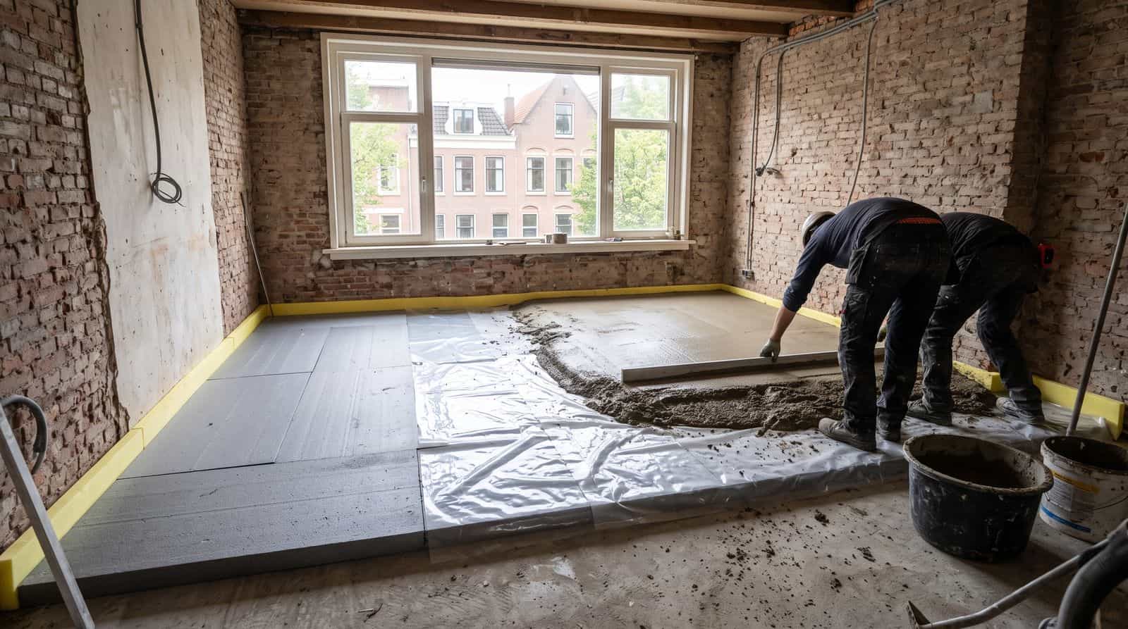 Build-up of a floating screed under construction: insulation boards, membrane and edge strips along the walls, ready for pouring