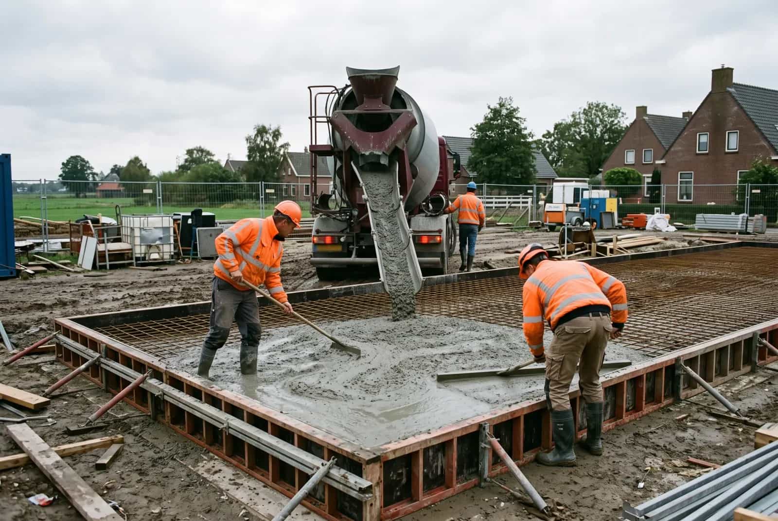 Pouring fibre reinforced concrete with a concrete pump on a construction site